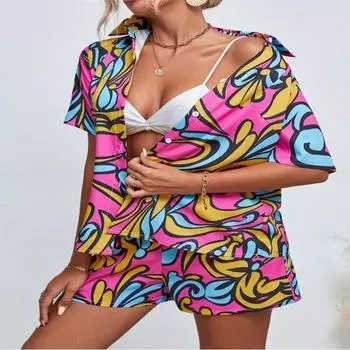 Комплекты из 2 предметов, женские наряды, новый повседневный летний однобортный комплект из рубашки с принтом и шорт для женщин S