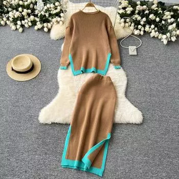 Комплекты из двух предметов для женщин, европейско-американский минималистский пэчворк, зимний свободный вязаный свитер + узкие юбки миди с высокой талией One Size чёрный