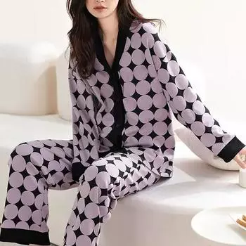 Комплекты из двух предметов, женская одежда для сна, осень-зима, брюки с длинными рукавами, клетчатый кардиган, домашняя одежда с рисунком, комплект одежды для сна M