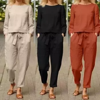 Комплекты из двух предметов: женские блузки с длинными рукавами, топы и длинные брюки, хлопковые льняные повседневные костюмы XXXXXL красный