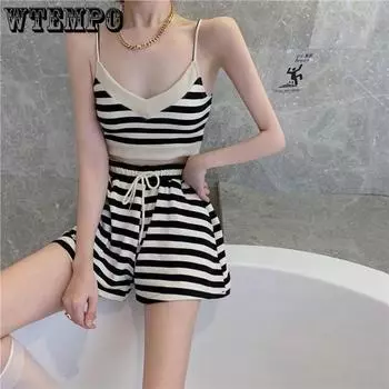 Комплекты из двух предметов, женские летние каникулы, камзол с открытой спиной и эластичной резинкой на талии, шорты в полоску Y2K, костюмы в пляжном стиле S чёрный