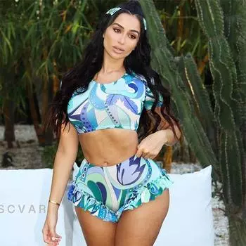 Комплекты из двух предметов, женские наряды, летняя мода, топ с открытым пупком и короткими рукавами с принтом, повседневный комплект с деревянными шортами с краями ушей S синий