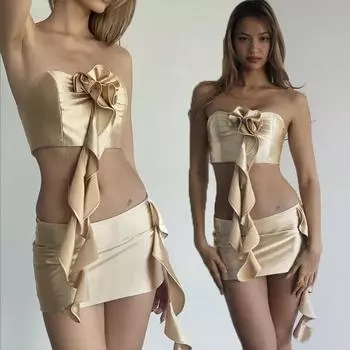Комплекты из двух предметов, женские наряды, укороченный топ без бретелек с лямкой на шее, однотонная тонкая мини-юбка с высокой талией, сексуальный комплект из 2 предметов S абрикосовый
