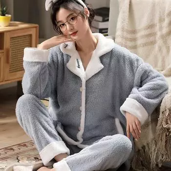 Комплекты из двух предметов, зимние пижамные комплекты, женские утепленные фланелевые пижамы с длинными рукавами, модная домашняя одежда, пижамы, женская домашняя одежда M