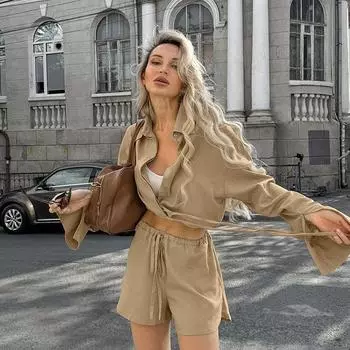 Комплекты из хлопка и льна цвета хаки, женские весенние повседневные укороченные рубашки с длинными рукавами и лацканами, широкие шорты на шнуровке, простые костюмы S хаки