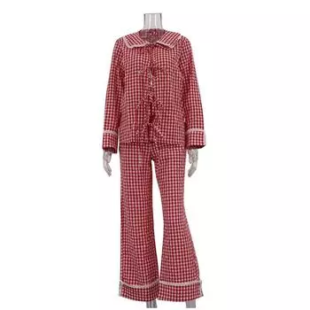 Комплекты из клетчатой рубашки и брюк для женщин, воротник Питер Пэн, на шнуровке, с длинным рукавом, широкие брюки, комплект из 2 предметов, женская повседневная одежда S красный