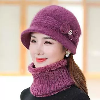 Комплекты из шарфа и шапки, модная шапка для мам среднего возраста, утолщенная плюшевая теплая шапка из кроличьей шерсти, вязаная шапка из пряжи с бабочкой для женщин one size чёрный