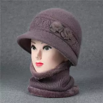 Комплекты из шарфа и шапки Зимняя шапка для пожилых женщин среднего возраста, связанная из пряжи кролика для тепла Шапка-тазик для пожилых людей Комплекты для бабушки и бархата one size