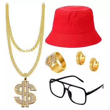 Комплекты костюмов в стиле хип-хоп, шляпа-ведро, ювелирные украшения в стиле рэпера, легкие для мужчин и женщин, наряды с кольцами красный