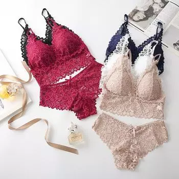 Комплекты кружевного бюстгальтера Queenral, комплекты сексуального бюстгальтера и трусиков, бесшовное нижнее белье, женский бюстгальтер без косточек, ультратонкий комплект нижнего белья с вышивкой, женский бюстгальтер