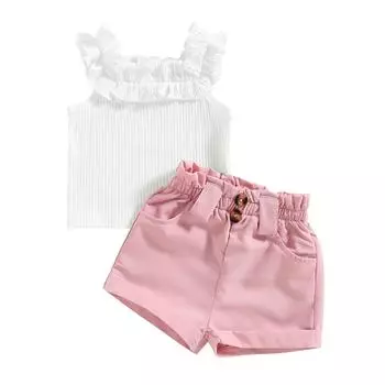 Комплекты летней одежды для маленьких девочек: белые топы в рубчик без рукавов с рюшами + однотонные шорты 3-4 Years розовый