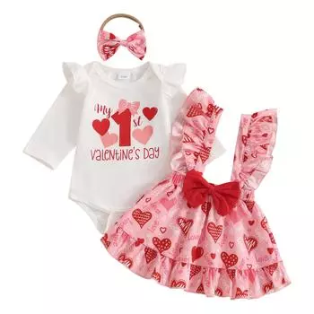 Комплекты на День святого Валентина для маленьких девочек, комбинезон с длинными рукавами и принтом в виде букв, юбка с чулками и повязкой на голову 0-3 Months розовый
