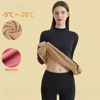 Комплекты нижнего белья для женщин с воротником средней высоты, зимнее теплое, эластичное, основа из плотного бархата, топы, брюки, бесшовное нижнее белье 4XL чёрный