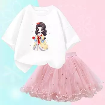 Комплекты одежды для девочек 2–14 лет с принтом в китайском стиле, хлопковая футболка с милым рисунком + юбка, комплект из 2 предметов, детская одежда, подарок на день рождения, детская одежда 6T(130cm)