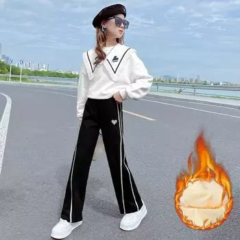 Комплекты одежды для девочек, осенне-зимняя мода, спортивный костюм с длинным рукавом для детей, повседневный хлопковый полосатый свитер с капюшоном и штаны, костюм из 2 предметов