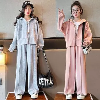 Комплекты одежды для девочек-подростков 5, 6, 8, 10, 12, 14 лет, весенне-осенние повседневные пальто на молнии с капюшоном + брюки, комплект из 2 предметов, детский спортивный костюм, костюмы