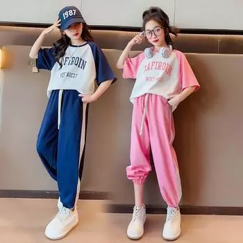 Комплекты одежды для девочек-подростков, детские новые модные топы принцессы + широкие брюки, комплект из 2 предметов, детский спортивный костюм 170cm синий