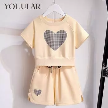 Комплекты одежды для девочек-подростков, летние футболки с короткими рукавами + брюки, модный спортивный костюм из 2 предметов для маленьких детей, детская одежда 6, 8, 10, 12 110