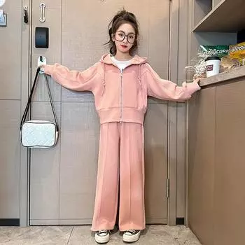 Комплекты одежды для девочек весна-осень повседневные пальто с капюшоном на молнии и брюки комплект из 2 предметов детские спортивные костюмы 170 серый