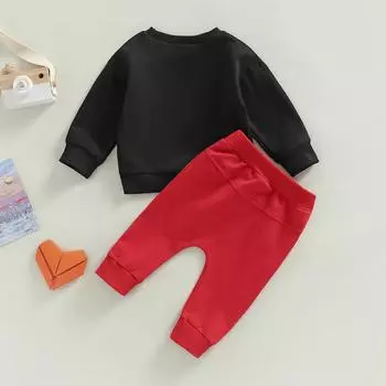 Комплекты одежды для мальчиков на весну и осень, топы с длинными рукавами и круглым вырезом, с буквенным принтом + однотонные штаны на шнурке 0-6 Months чёрный
