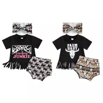 Комплекты одежды для маленьких девочек 0-24 месяцев, футболка с короткими рукавами и кисточками из 3 предметов, шорты с капюшоном, комплект с лентой для волос, комплект одежды 90