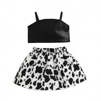 Комплекты одежды для маленьких девочек, летний кожаный топ + юбка с принтом, комплект маленьких принцесс, детские костюмы, праздничная одежда 18-24M