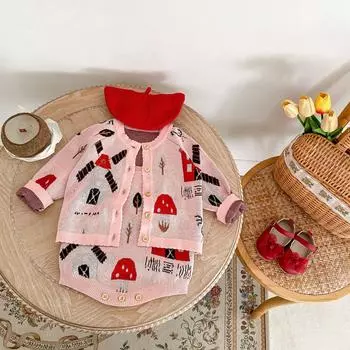 Комплекты одежды для новорожденных с мультяшным принтом для девочек, хлопковый кардиган для младенцев, вязаное пальто для маленьких девочек, милый комбинезон для малышей bafanou 86164 66cm(3-6M) розовый