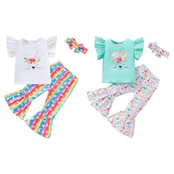 Комплекты одежды из 3 предметов для маленьких девочек, праздничный наряд с принтом пасхального кролика, футболка, топ, расклешенные штаны с принтом, одежда для малышей 130