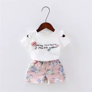 Комплекты одежды из двух предметов из хлопка для девочек, летние детские комплекты, повседневные цветочные наряды 120cm белый