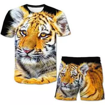 Комплекты одежды с изображением тигра для мальчиков и девочек, летние милые футболки, короткие штаны, От 1 до 14 лет, костюмы из 2 предметов, детские модные повседневные костюмы, наряды 100