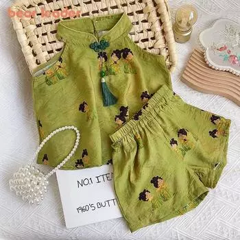 Комплекты одежды в китайском стиле Bear Leader, летний жилет без рукавов с принтом, футболка и шорты с кулоном в китайском узле, костюмы из 2 предметов для девочек 2–7 лет, детская одежда 2T