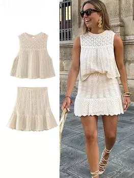 Комплекты одежды Женский трикотаж Сетчатые жаккардовые юбки Наборы Новый милый ажурный жилет без рукавов с круглым вырезом и мини-юбкой на шнуровке Наряд S
