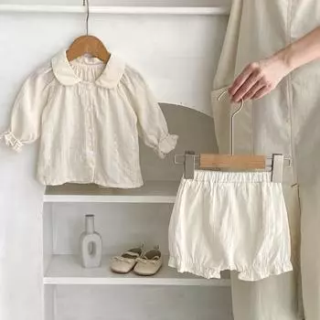 Комплекты однотонной одежды на осень для маленьких девочек с воротником-стойкой «Питер Пэн» для маленьких девочек, топ и шорты, симпатичный комплект одежды для девочек ясельного возраста bafanou 23200 73cm(6-12M) бежевый