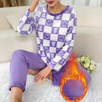 Комплекты пижам для девочек осень-зима, женская милая пижама в клетку с длинными рукавами, теплая пижама из кораллового флиса серого цвета, домашняя одежда S фиолетовый