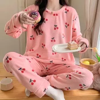 Комплекты пижам для девочек осень-зима, женская пижама с длинными рукавами и принтом вишни, теплая пижама из кораллового флиса, домашняя одежда M