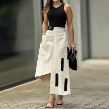 Комплекты платьев женские летние повседневные модные однотонные круглые воротнички пуловеры майки нерегулярные пэчворк А-силуэта длинные юбки комплекты XXXL белый