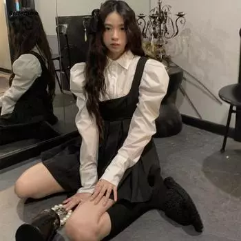 Комплекты платьев, женские рубашки в консервативном стиле с пышными рукавами + платье, винтажные плиссированные мини-модные корейские шикарные новые осенние школьницы, милые простые S