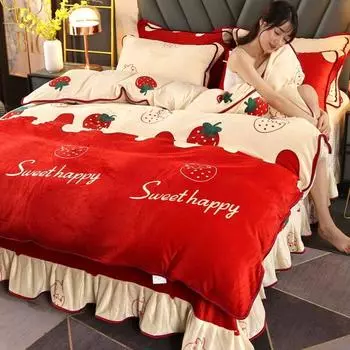 Комплекты постельного белья из кораллового бархата, зимние теплые двухсторонние, из плотной фланели, простыня, подзор из молочного бархата 1.5m 4 pcs set