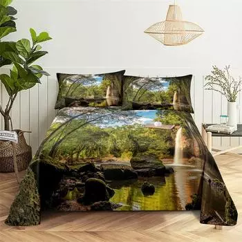 Комплекты постельного белья Простыня с принтом зеленого леса Модный дизайн Двуспальная простыня для мальчиков и девочек Комплект простыней и наволочек 150X230cm(2Pcs)