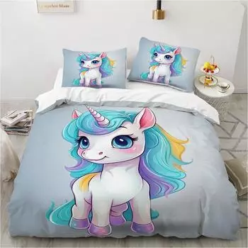 Комплекты постельного белья с 3D милым мультяшным единорогом, пододеяльник с принтом, одеяло для королевского размера, 2/3 шт., постельное белье с наволочкой, постельное белье DE 135x200cm
