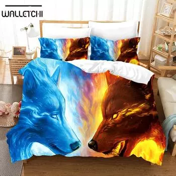 Комплекты постельного белья с изображением 3D волка, пододеяльник с наволочкой, двуспальная кровать, двуспальная кровать, постельное белье EU single(135x200cm)