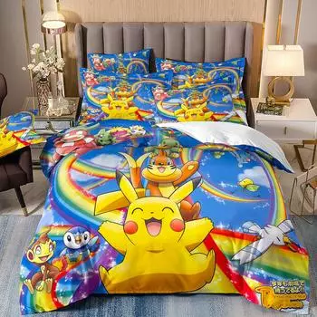 Комплекты постельного белья с японским аниме «Покемон», пододеяльник с изображением Пикачу, детский комплект, украшение для комнаты, с наволочкой, несколько размеров 135x200cm 2pcs