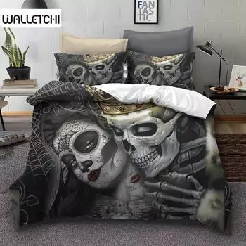 Комплекты постельного белья Sugar Skull King Beauty Kiss Skull, пододеяльник, комплект постельного белья Bohemian Print, черное постельное белье Queen Size EU single(135x200cm)