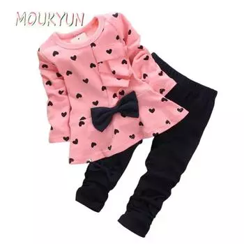 Комплекты розового сердца для девочек, 5 цветов, 80-110, рубашка с длинным рукавом и бантом, длинные брюки, осенне-зимняя одежда для малышей 80 розовый