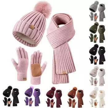 Комплекты шапка шарф и перчатки для женщин шапка женская зимняя с флисовой подкладкой перчатки шарф теплая шапка женский комплект One Size белый