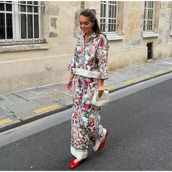 Комплекты широких брюк с цветочным принтом для женщин, модная однобортная рубашка с длинным рукавом и лацканами, винтажные женские наряды S