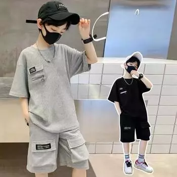 Комплекты спортивной одежды для мальчиков, летняя свободная одежда для больших детей, костюм, топы с короткими рукавами + шорты, 2 предмета, детская модная красивая одежда 170 чёрный