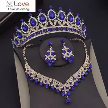 Комплекты свадебных украшений из синего хрусталя в стиле барокко для женщин, тиары, короны, серьги, ожерелья, комплекты свадебных платьев невесты, комплект ювелирных изделий в Дубае