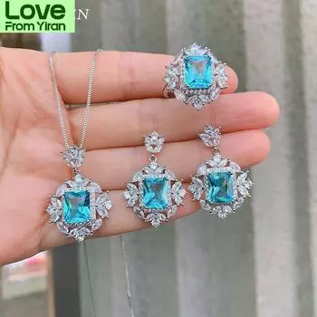 Комплекты свадебных украшений из стерлингового серебра 925 пробы для женщин, винтажные кольца с аквамариновым камнем 8 * 10 мм / серьги / кулон / ожерелье, подарок на день рождения 45cm