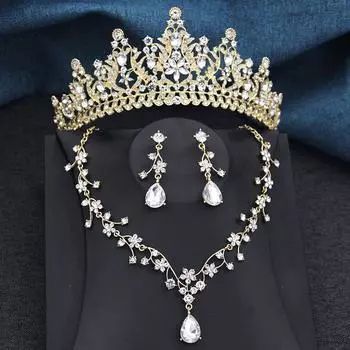 Комплекты свадебных украшений с цветочным кристаллом для женщин, комплект из 3 предметов, диадемы и ожерелья, серьги, свадебная корона, аксессуары для невесты